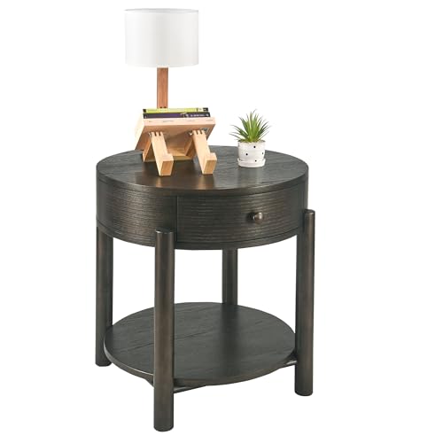 Solid Wood Legs Narrow End Table with Drawer, 24" Dia, Black, Living Room Corner Storage