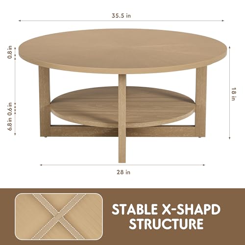 Handcrafted Brown 2-Tier Round Wood Coffee Table for Living Room