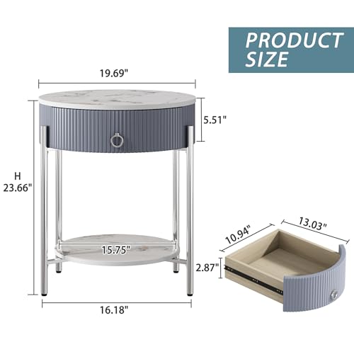 Marbling/Silver 2-Tier Round Side Table with Drawer & Shelf
