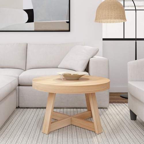 Blonde Wirebrush Round Farmhouse Coffee Table for Small Spaces