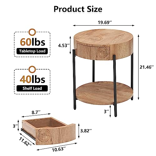 Rustic Round Wood End Table with Drawer