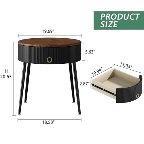 Modern Rustic Brown & Black Side Tables with Drawer - Set of 2