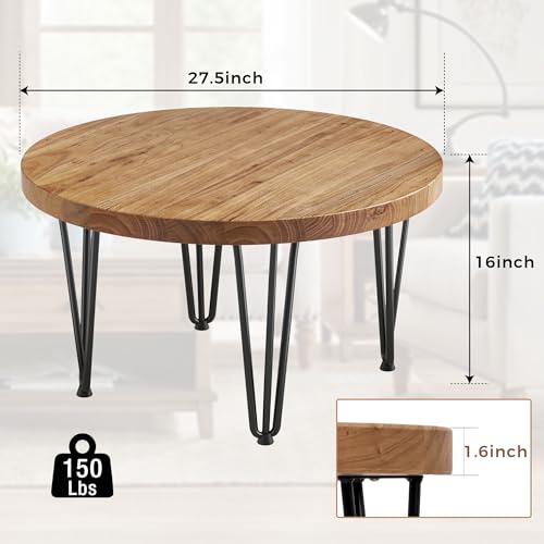 Natural Sturdy Farmhouse Round Wood Coffee Table with Metal Legs