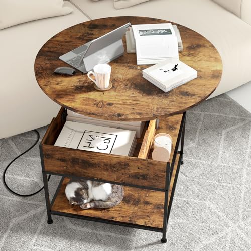 Rustic Brown Lift Top Coffee Table with Storage and Outlets