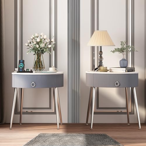 Modern Silver Side Table Set of 2 with Drawer, Stone Top, Chrome Legs for Living Room