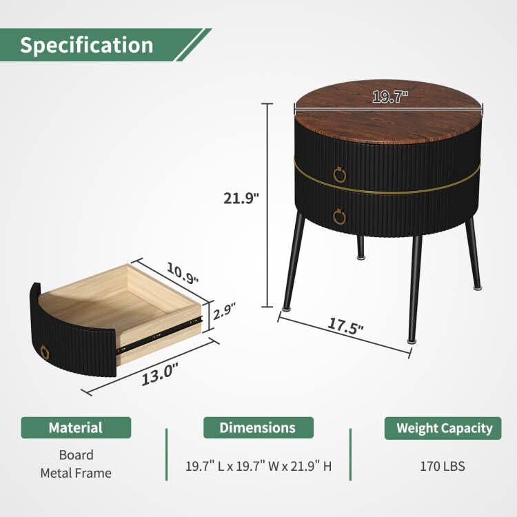 Modern Round End Table with Drawers for Bedroom or Living Room