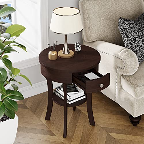 Round Wood End Table with Drawer and Shelf for Small Spaces